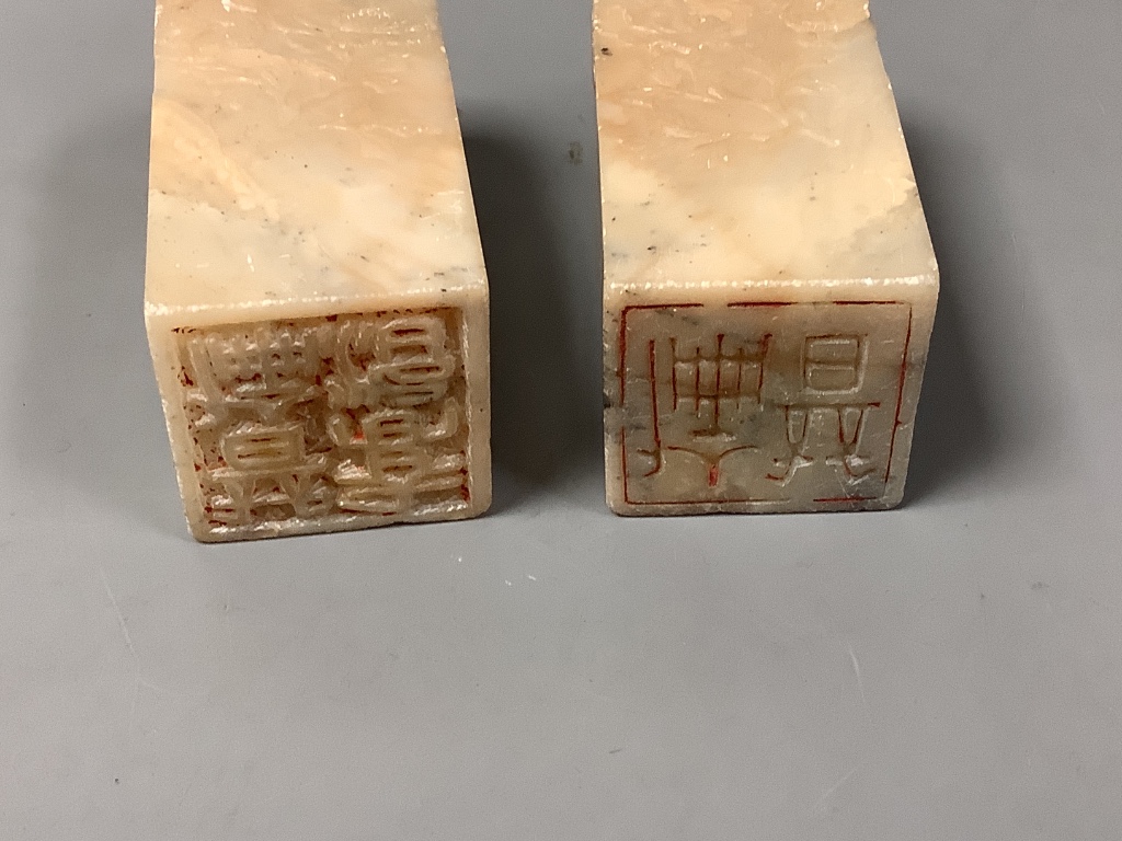 Two Chinese square soapstone seals, height 7cm